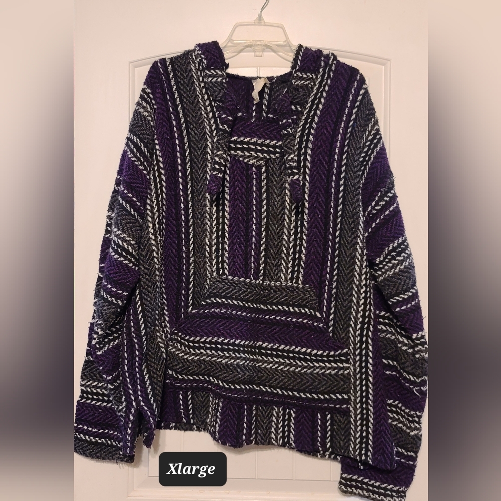 Baja Woven DrugRug Hippie Pull over Hoodie XLARGE purple black gray